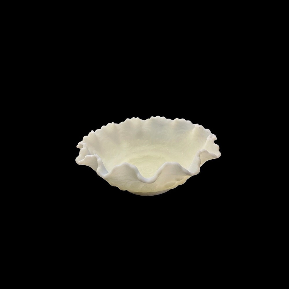 Vintage Imperial Custard Satin Milk Glass Stemmed Rose Ruffled Bowl 8" - Picture 4 of 9